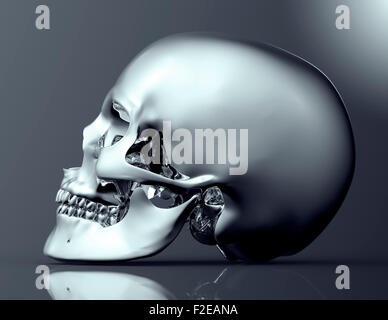 Scull metallico isolato su sfondo scuro con percorso di clipping. Foto Stock