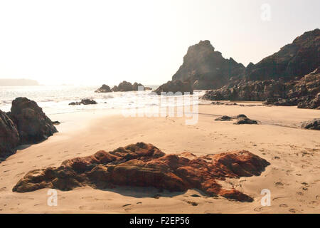 Serpentina rock sulla spiaggia di Kynance Cove sulla penisola di Lizard, Cornwall, Regno Unito Foto Stock