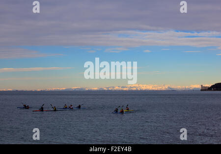 Il team di canottaggio sul mare Trieste, Italia Foto Stock