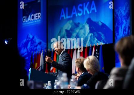 Stati Uniti Il presidente Barack Obama parla sul cambiamento climatico alla conferenza sul ghiacciaio Agosto 31, 2015 a Anchorage in Alaska,. Foto Stock