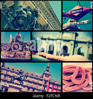 Un collage di alcune immagini di diversi monumenti di Madrid in Spagna come la Puerta de Alcala, la piazza di Plaza Mayor e o il Foto Stock