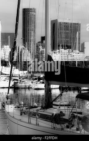 Visualizzazione bianco e nero di imbarcazioni ormeggiate in Gloria marina, Rio de Janeiro, Brasile. Foto Stock