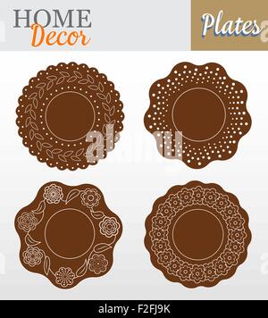 Set di 4 piatti decorativi per interior design - marrone floreale. Illustrazione Vettoriale