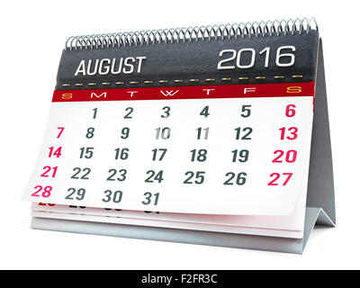 Agosto 2016 calendario desktop isolati su sfondo bianco Foto Stock