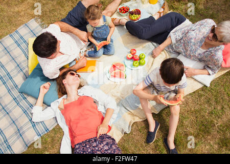 Vista aerea multi-generazione famiglia godendo picnic estivo Foto Stock