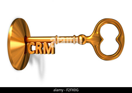 CRM - Customer Relationship Management - Golden Key è inserita nella toppa isolati su sfondo bianco Foto Stock