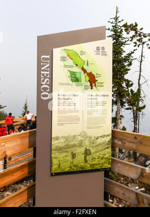 Un segno dell'UNESCO sulla cima della montagna di zolfo il Parco Nazionale di Banff Alberta Canada Foto Stock