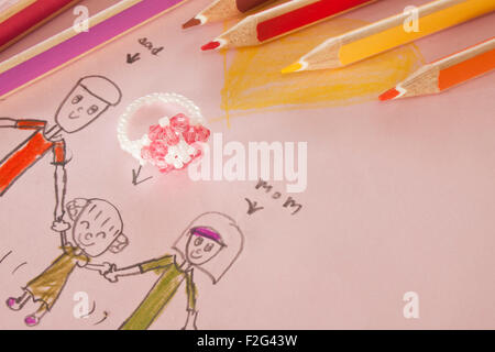 Schizzo di disegno per bambini in famiglia per il giorno di San Valentino. Foto Stock