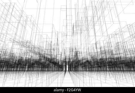 Sfondo digitale texture con 3d filo telaio struttura in prospettiva. Le linee di colore nero su bianco Foto Stock