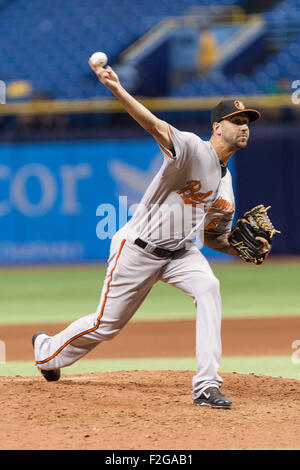 San Pietroburgo, FL., Stati Uniti d'America. Il 17 settembre 2015. Baltimore Orioles relief pitcher Chaz Roe #65 buttare un passo nel sesto inning del suo gioco con Tampa Bay a Tropicana in Campo San Pietroburgo, FL. Immagine di credito: Del Mecum CSM/Alamy Live News Foto Stock