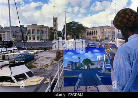 Local Bajan ammenda artista pittura del Palazzo del Parlamento. Bridgetown. Barbados. Caraibi Foto Stock