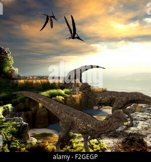 Dinosauri Stegoceras mangiare la vegetazione lungo una costa rocciosa come Pteranodon rettili fly overhead. Foto Stock