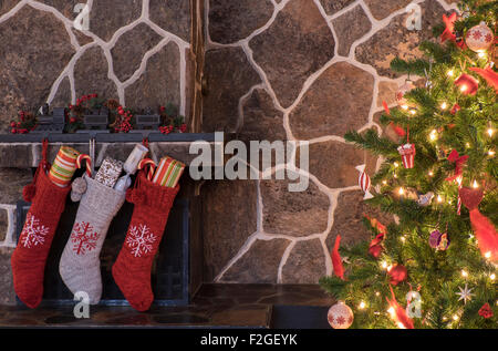 Calze appesi ad un camino accanto a un albero di Natale la mattina di natale Foto Stock