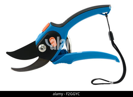 Aprire blue garden secateurs, isolato su bianco. Foto Stock