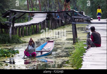 Srinagar, Indiano-controllato del Kashmir. Xviii Sep, 2015. Una donna del Kashmir righe la sua barca in dal lago a Srinagar, capitale estiva di Indiano-Kashmir controllata, Sett. 18, 2015. © Javed Dar/Xinhua/Alamy Live News Foto Stock