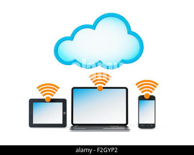 Computer laptop, smartphone e tablet pc collegato al cloud. Il cloud computing concetto. Foto Stock