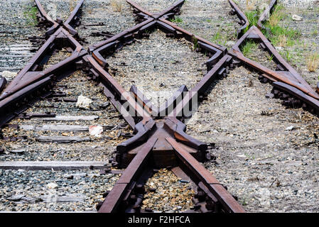 Cross-over le vie a rampa per flottazione auto banchina di carico, Bay Coast Railroad, Cape Charles, Virginia Foto Stock