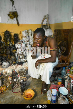 Il Benin, Africa Occidentale, Bonhicon, kagbanon bebe sacerdote voodoo leccare alcuni olio durante una cerimonia Foto Stock