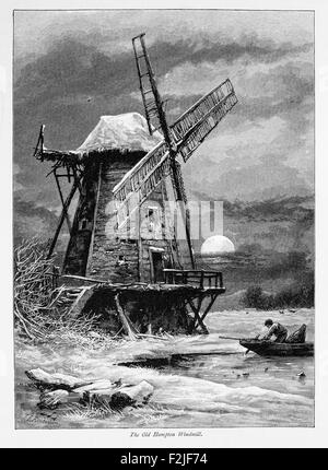 L'Old Hampton Windmill, paesaggio agricolo con la barca 'passato paesaggio tamigi, Regno Unito Foto Stock