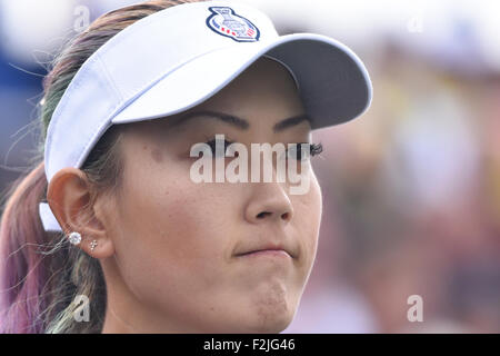 St. Leon-Rot, Germania. Xx Settembre, 2015. Noi golfista Michelle Wie durante la Solheim Cup in St. Leon-Rot, Germania, 20 settembre 2015. Due squadre consistente dei migliori dodici femmina professionale i golfisti provenienti da Europa e Stati Uniti, rispettivamente, per prendere parte alla Biennale team golf tournament, con le sedi di gara rotante tra Europa e Stati Uniti. La Germania è l'hosting del Solheim Cup per la prima volta. Foto: UWE ANSPACH/dpa/Alamy Live News Foto Stock