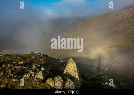 Brocken spectre incandescente sul lato di misty Bowfell, guardando verso Ennerdale da balze ondulata Foto Stock