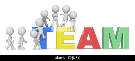 Dude personaggi 3D X8 salendo sulle lettere del team di formazione. Versione a colori. Foto Stock