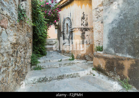 Vecchio percorso in pietra con bougainvillea che cresce a lato di buidling a Plaka Atene Grecia Foto Stock