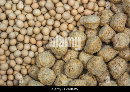 Close-up di soia essiccato / fagioli di soia e semi di soia grandi blocchi. Usato in cucina vegetariana / cucina. Concetto USA-Cina commercio guerra tariffaria, prodotti a base di soia. Foto Stock