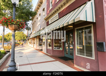 Negozi in West End Historic District sulla strada principale nel centro cittadino di Greenville nella Carolina del Sud. Foto Stock