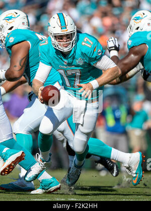 Il Jacksonville, FL, Stati Uniti d'America. Xx Settembre, 2015. Miami Dolphins quarterback Ryan Tannehill (17) durante la prima metà di NFL di azione di gioco fra i delfini di Miami e Jacksonville Jaguars al campo EverBank a Jacksonville, Fl. Romeo T Guzman/CSM. Credito: csm/Alamy Live News Foto Stock