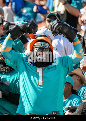 Il Jacksonville, FL, Stati Uniti d'America. Xx Settembre, 2015. Delfini di Miami fan come visto durante la prima metà di NFL di azione di gioco fra i delfini di Miami e Jacksonville Jaguars al campo EverBank a Jacksonville, Fl. Romeo T Guzman/CSM. Credito: csm/Alamy Live News Foto Stock