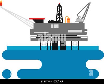 Offshore oil platform in blu oceano. Uno stile piatto illustrazione vettoriale nozione Illustrazione Vettoriale