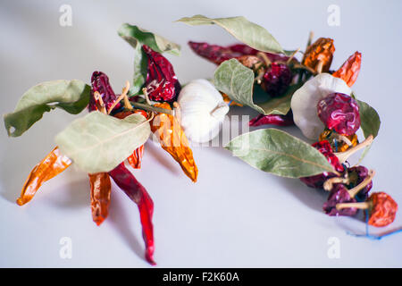 Close up Galrlics, peperoncino, foglie di alloro Foto Stock