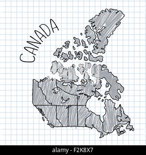 Grigio e Nero della penna disegnato a mano Canada vettore della mappa su carta illustrazione. Notebook plaid foglio Illustrazione Vettoriale