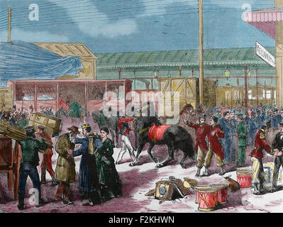 Guerra franco-prussiana. 1870-1871. Conflitto tra il secondo impero francese e gli stati tedeschi del Nord tedesco Confederazione guidata dal Regno di prussiano. Le truppe francesi prendere il treno a Parigi. Incisione di Yon. La Ilustracion Española y Americana, 1870. Foto Stock