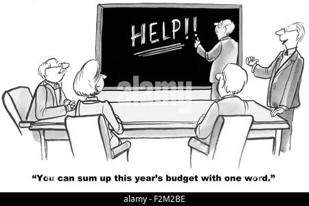 Business cartoon di persone nel corso di una riunione, la parola 'Help' e manager dicendo, "si può riassumere questo esercizio di bilancio con una sola parola". Foto Stock