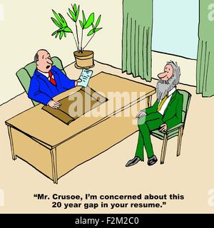 Business cartoon di colloquio di lavoro, 'Mr. Crusoe, mi sono preoccupato per questo 20 anni di scarto nel vostro resume.". Foto Stock