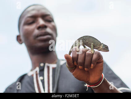 Il Benin, Africa Occidentale, Bonhicon, kagbanon bebe voodoo sacerdote con un camaleonte sulla sua mano Foto Stock