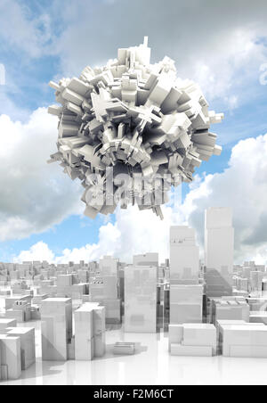 Abstract digitali 3D oggetto sferico con caotica superficie estrusa volare nel cielo nuvoloso su bianco paesaggio urbano Foto Stock