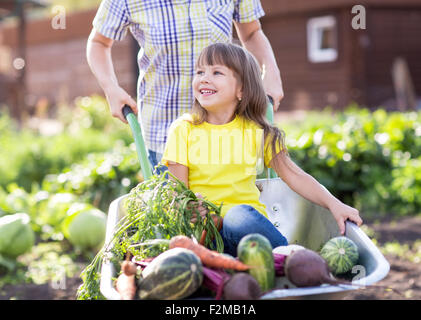 Bambina all'interno della carriola con verdure in giardino Foto Stock