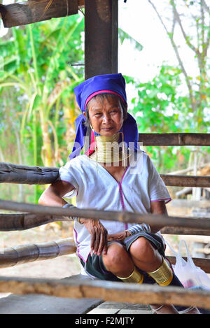 Studio di un lungo collo a giraffa o collo Padaung birmano donna nella sua casa al villaggio di Sun Bon, Myanmar (Birmania) Foto Stock