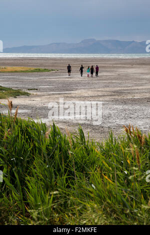 Salt Lake City, Utah - la gente camminare sul sale appartamenti a bordo del grande lago salato. Foto Stock