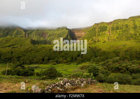 Le scogliere di montagna con cascate flusso sopra il bordo vicino Fajazinha, sull isola di Flores, Azzorre, Portogallo Foto Stock