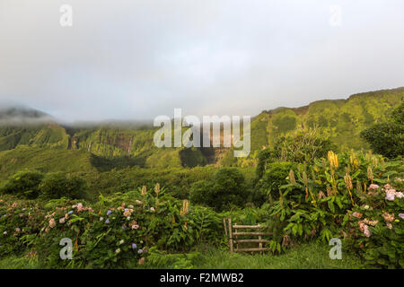 Le scogliere di montagna con cascate flusso sopra il bordo vicino Fajazinha, sull isola di Flores, Azzorre, Portogallo Foto Stock