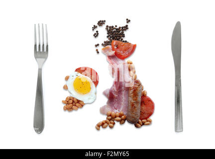 Prima colazione inglese nella forma del Regno Unito mappa su uno sfondo bianco Foto Stock