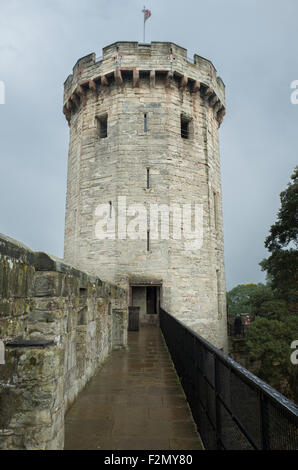 Il castello di Warwick lungo il fiume Avon, Inghilterra, originariamente costruita da Guglielmo il Conquistatore nel XI secolo. Foto Stock