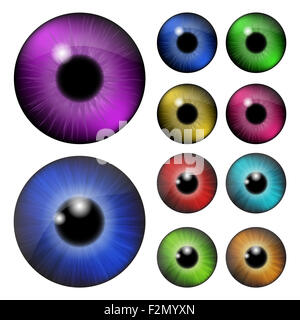 Set di pupilla dell'occhio, Eye ball, iris occhio. Realistica rappresentazione di vettore isolato su sfondo bianco. Foto Stock