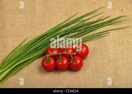 Mazzetto di sei rosso ciliegia matura e pomodoro fresco raggrinzimento della molla scatti di cipolla in tela di iuta di sfondo di tela Foto Stock