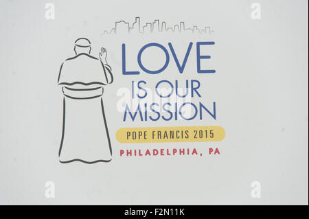 Philadelphia, Pennsylvania, USA. Xxi Sep, 2015. Segno Posted in Media Center a Philadelphia Convention Center in preparazione per il Papa Francesco visita del credito: Ricky Fitchett/ZUMA filo/Alamy Live News Foto Stock