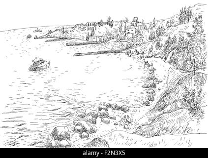Costa del Mare con pontili e costa rocciosa in Crimea. Monocromatico freehand inchiostro sfondo disegnato abbozzato in arte doodle stile pen. Illustrazione Vettoriale